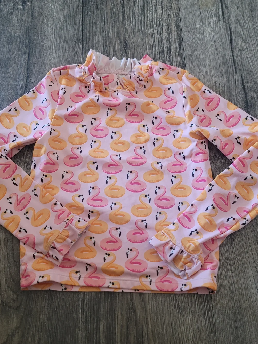 Janie and Jack girls' long-sleeve flamingo print swim cover-up shirt.